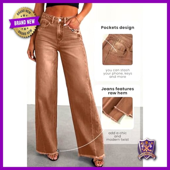 Wide Leg Jeans High Waisted Stretchy Baggy Raw Hem Denim Palazzo Pants Trendy - Picture 4 of 7